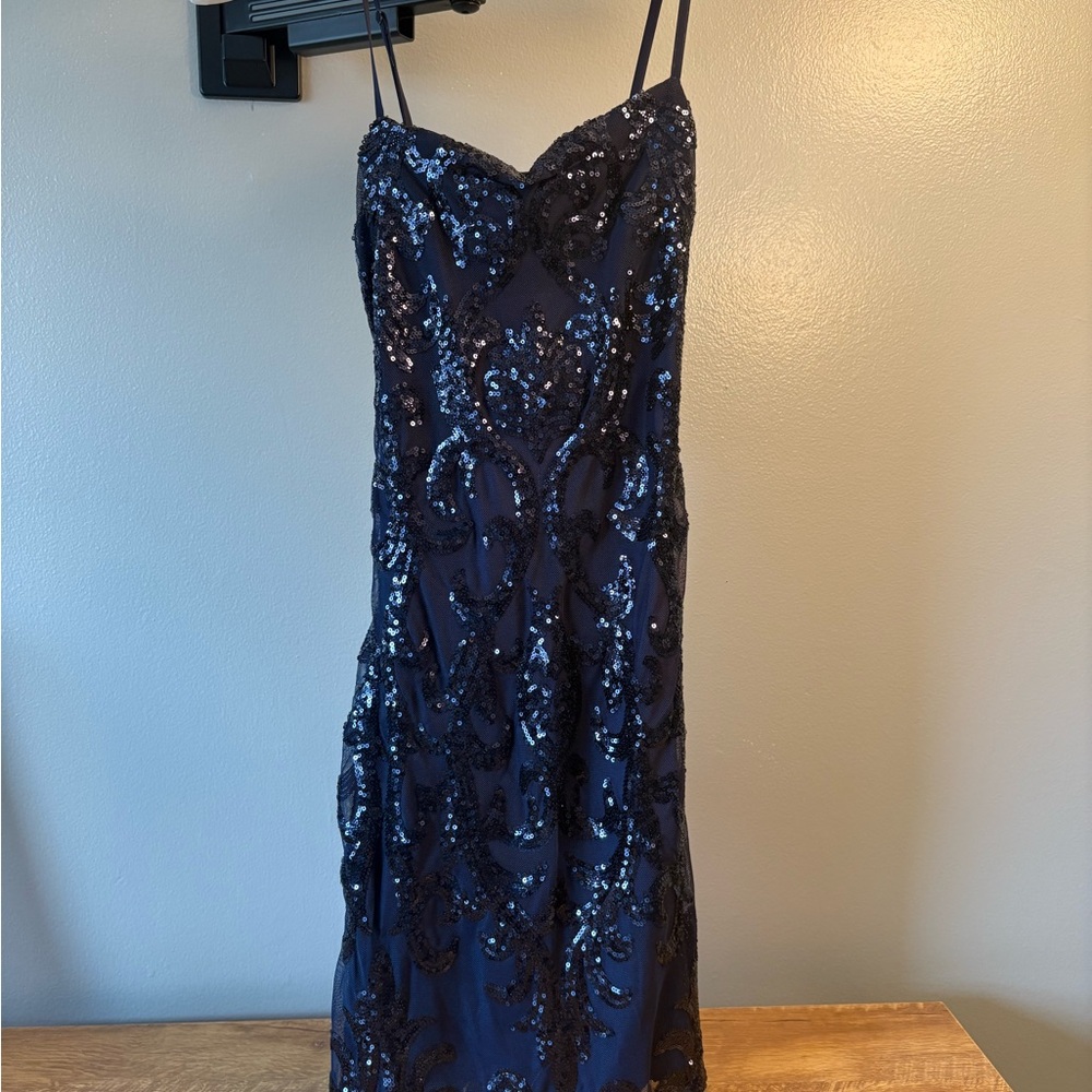 Navy Sequin Spaghetti-Strap Evening Dress